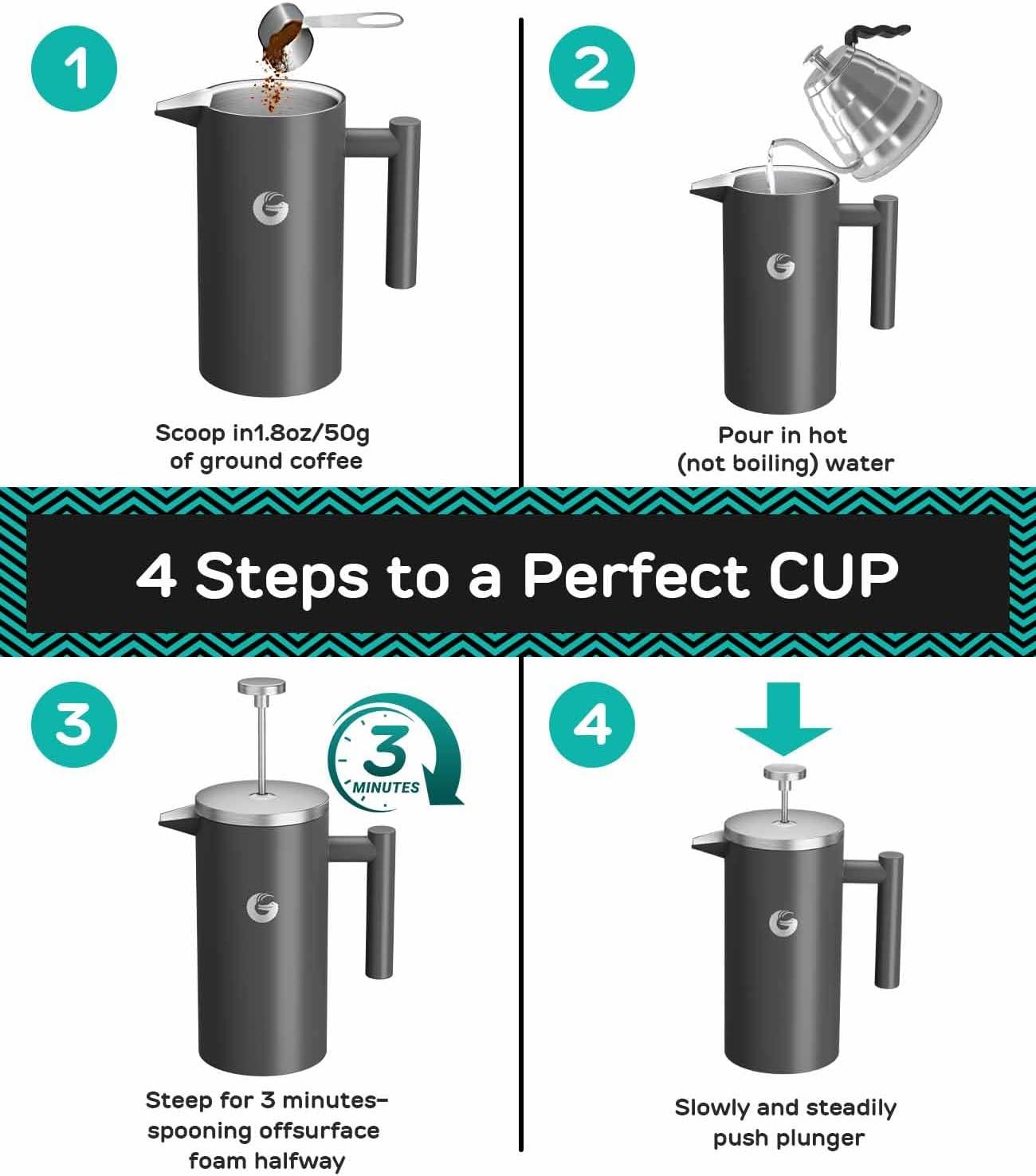 Gray Stainless Steel Thermal French Press Coffee Maker with Travel Jar