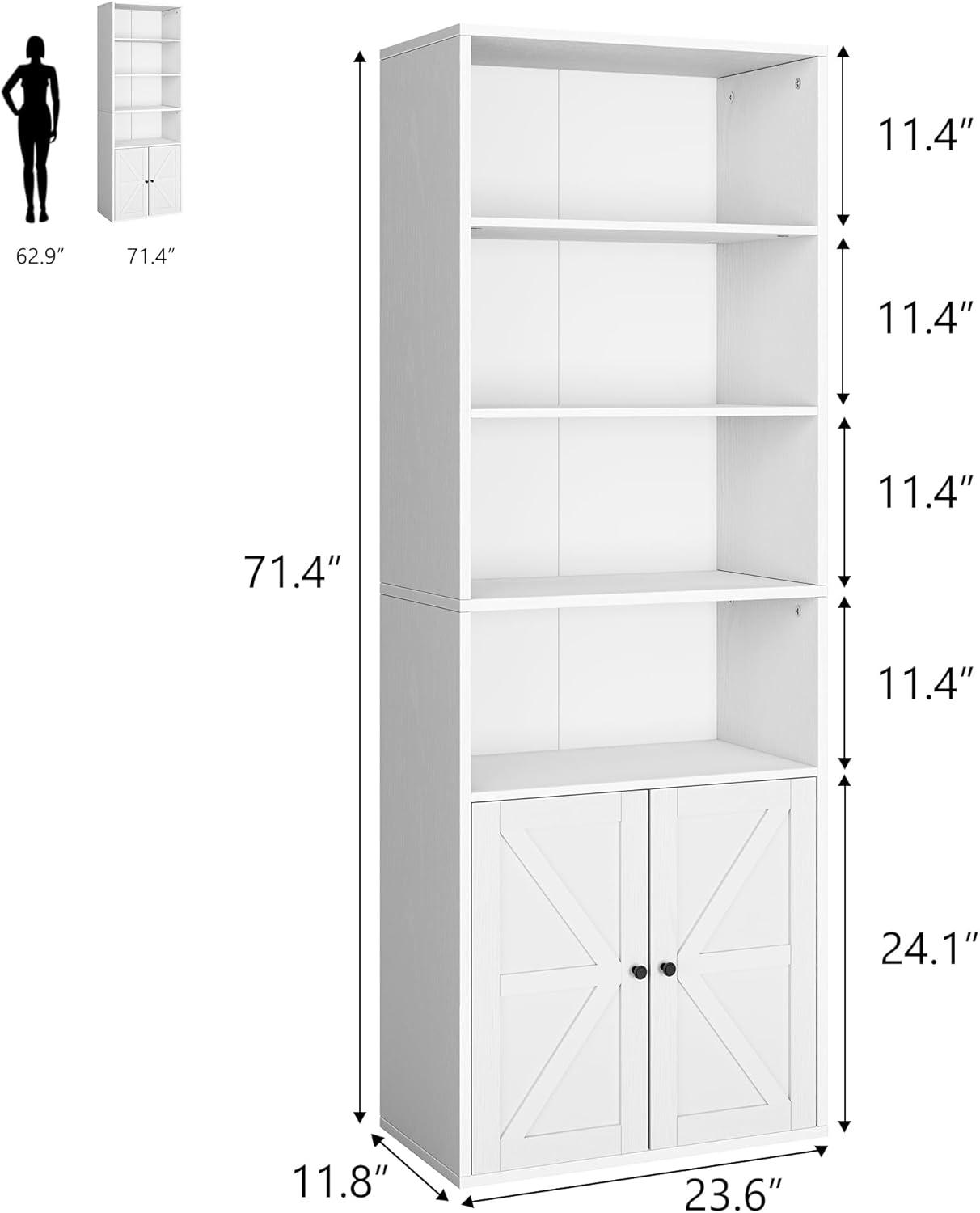 Keeomi White Bookcase with Doors Industrial Bookshelf 11.8in Depth Display Storage Shelves 71.4in Tall Farmhouse Bookcases Wooden 6 Shelf Bookshelvels for Bedroom, Living Room, Home Office, White