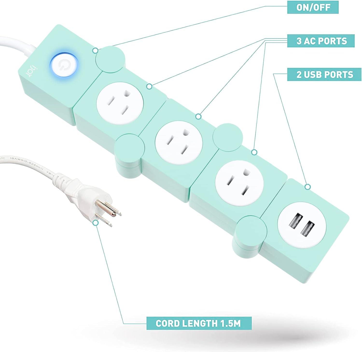 iJoy Flexible Power Strip- 3 AC Outlets and 2 USB Charging Ports with 5 Ft Extension Cord
