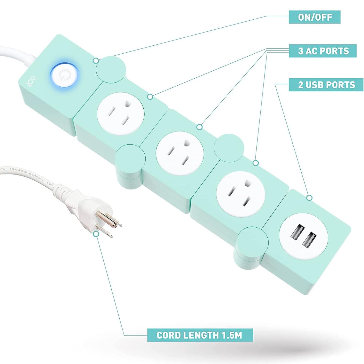 iJoy Flexible Power Strip- 3 AC Outlets and 2 USB Charging Ports with 5 Ft Extension Cord