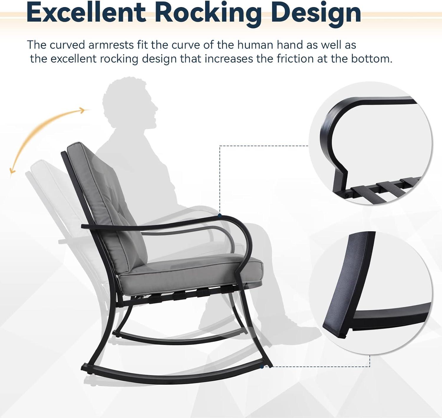 Crownland Outdoor Rocking Chairs Patio Furniture 3 Piece Patio Set Bistro Table Set Black Iron with Thickened Cushions and Glass Coffee Table, Grey