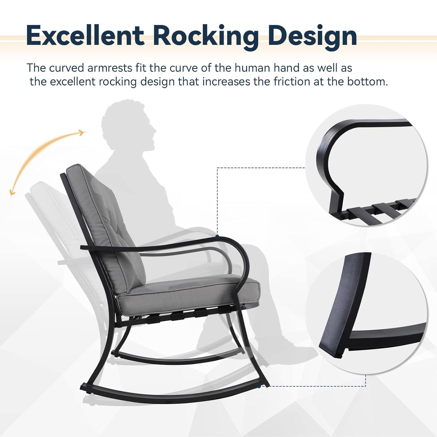 Crownland Outdoor Rocking Chairs Patio Furniture 3 Piece Patio Set Bistro Table Set Black Iron with Thickened Cushions and Glass Coffee Table, Grey