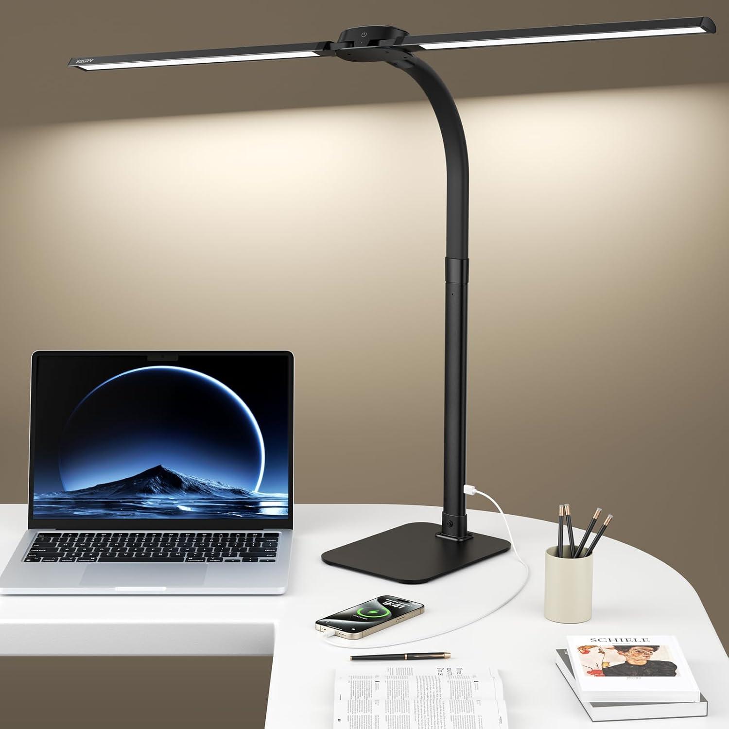 Black Adjustable LED Desk Lamp with USB Charging Port