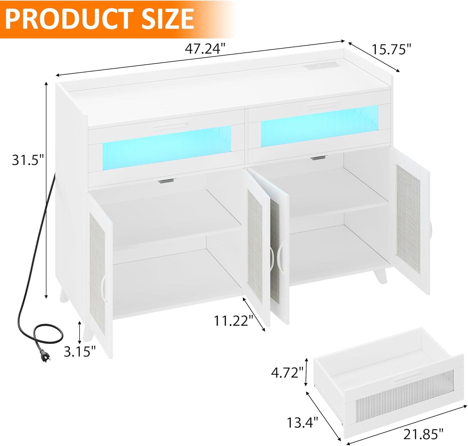 Ataucjin Rattan Sideboard Buffet Cabinet With Power Outlet & LED Light Kitchen Storage Cabinet With 2 Fluted Acrylic Drawers Accent Coffee Bar Cabinet Wood Buffet Table Console Table