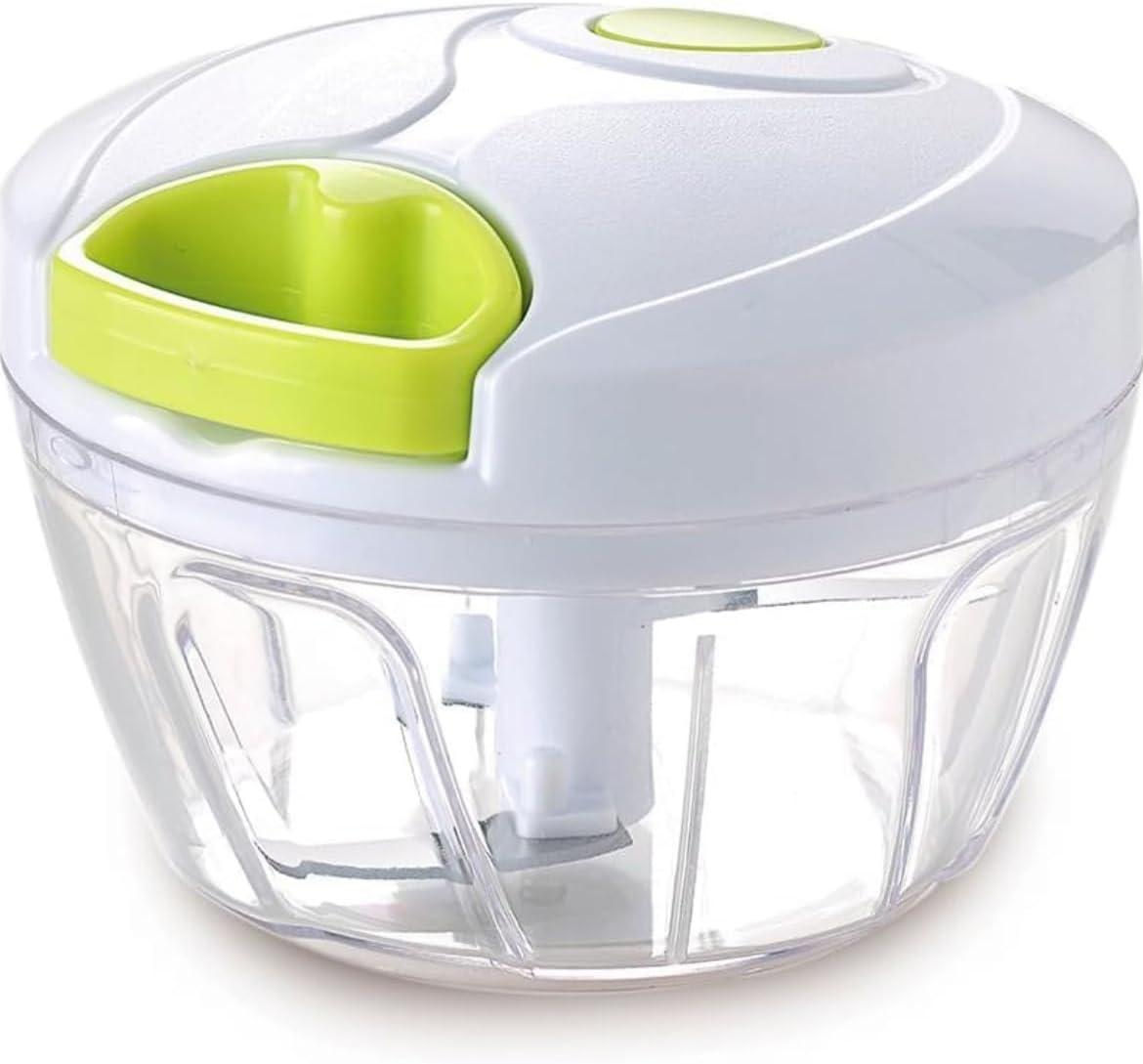 Compact White and Green Manual Food Chopper with Stainless Steel Blades