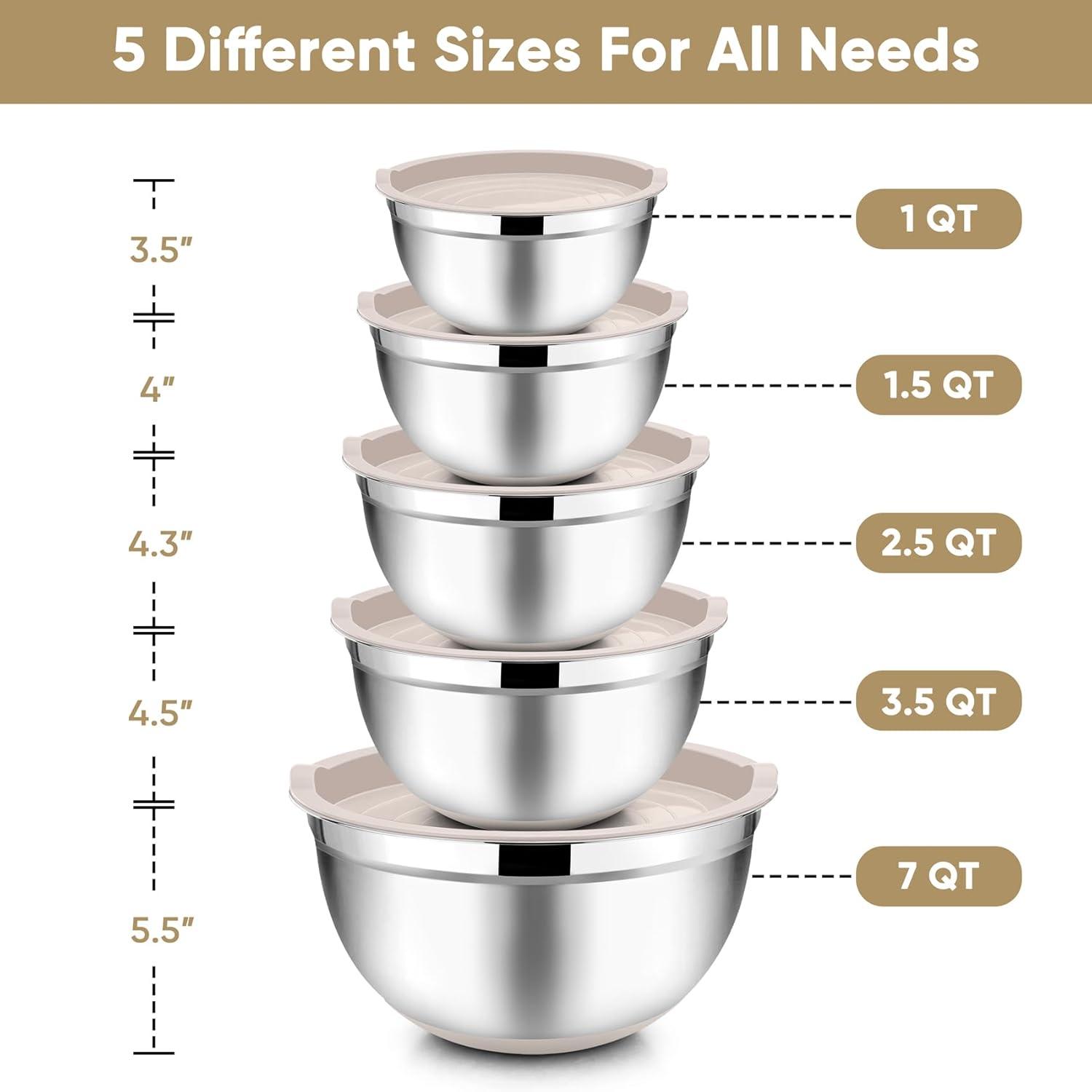 Toledo Bath & Kitchen Stainless Steel Mixing Bowls With Lids, 5-Pack Metal Nesting Bowls With Airtight Covers For Cooking, Baking, Serving, Storage, Non-Toxic & Dishwasher Safe, Size 4.6/3/1.5/1/0.7QT - Khaki