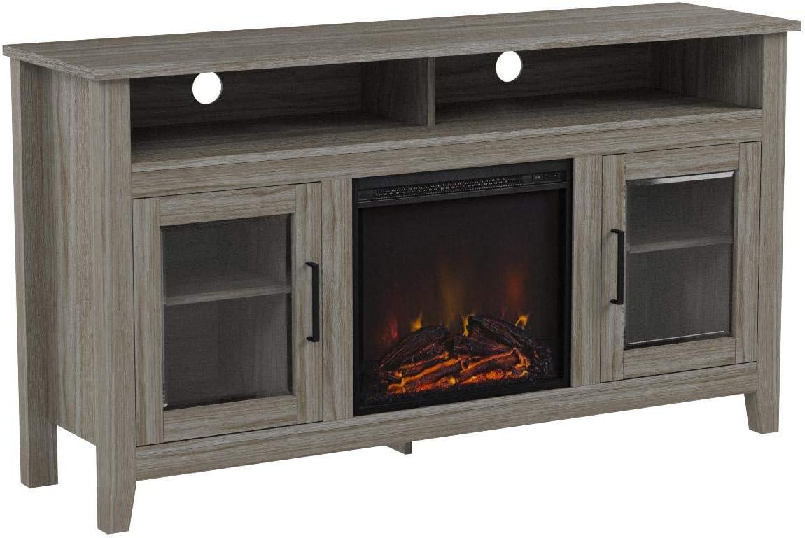 Walker Edison Glenwood Rustic Farmhouse Glass Door Highboy Fireplace TV Stand for TVs up to 65 Inches, 58 Inch, White Oak