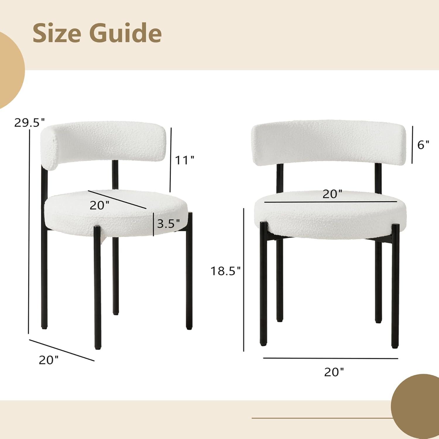 White Dining Chairs Set of 2, Boucle Dining Chairs, Upholstered Kitchen and Dining Room Chairs, Mid-Century Modern Dining Chairs with Black Metal Legs