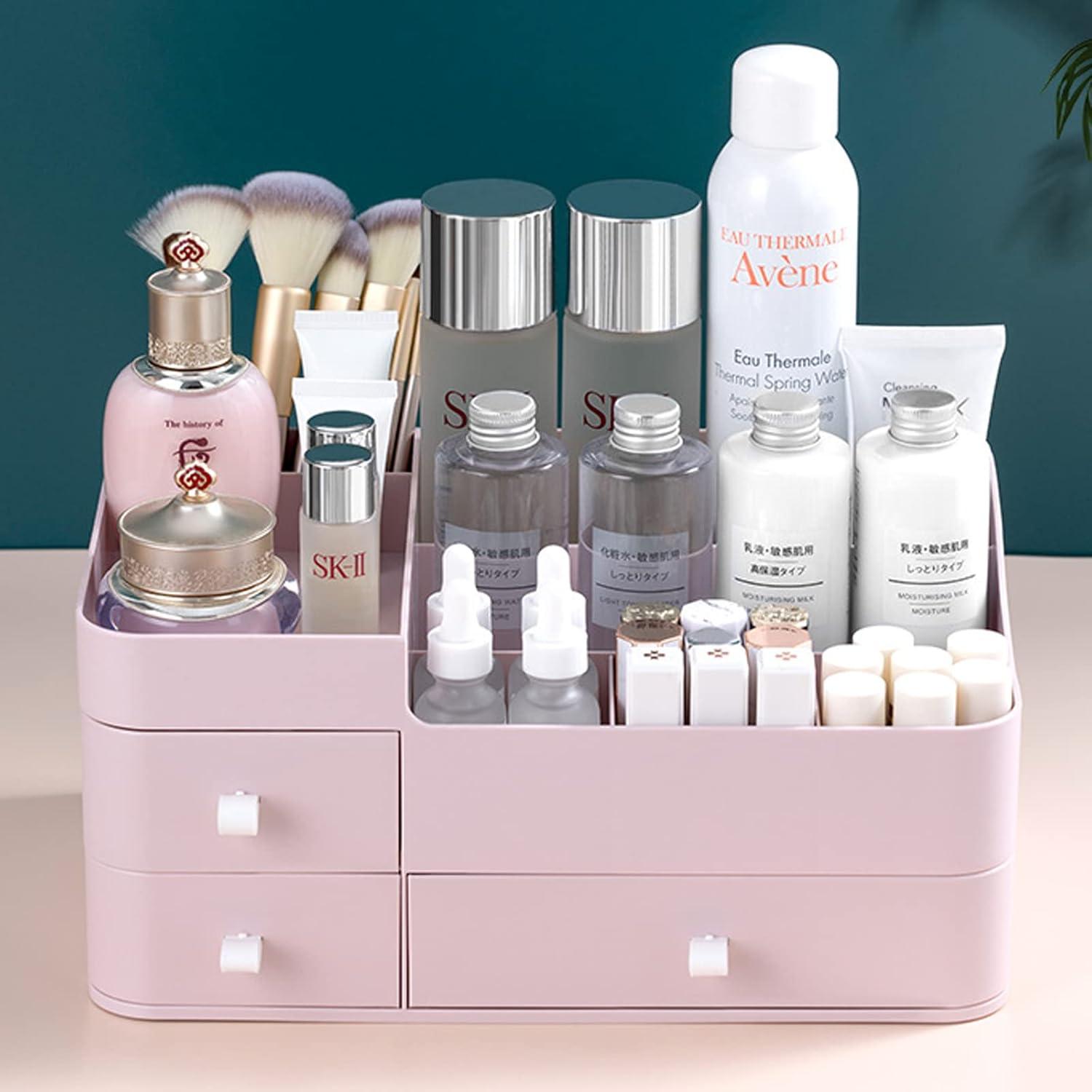 skin care organizer,Makeup Desk Organizer With Drawers,Countertop Organizer for Cosmetics,Vanity brush with Holder for Lipstick, Brushes, Eyeshadow, and Jewelry Desktop Finishing Dresser (White)