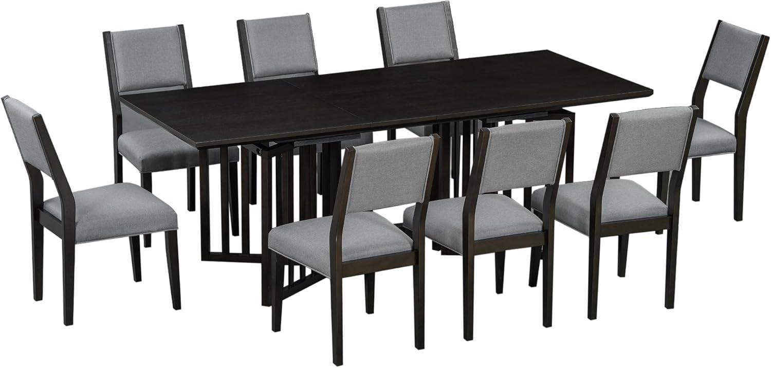 Miekor Furniture Farmhouse 9-Piece 83.9Inch Extendable Dining Table Set With 2 12-Inch Removable Leaves And 8 Upholstered Dining Chairs, Espresso 63AAP