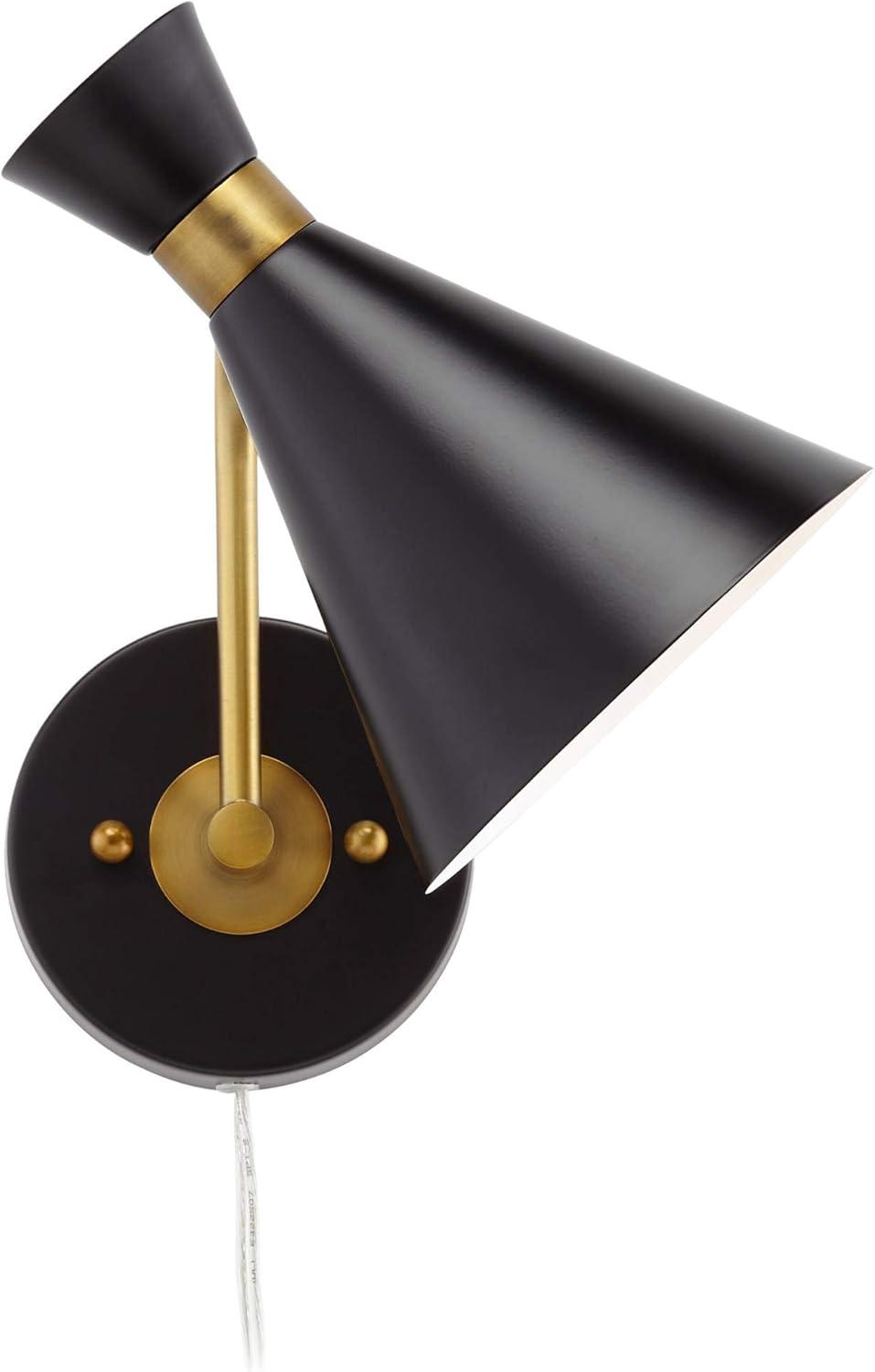 360 Lighting Venice Mid Century Modern Wall Lamp Matte Black Brass Plug-in 6 1/4" Light Fixture Adjustable Metal Cone Shade for Bedroom Living Room