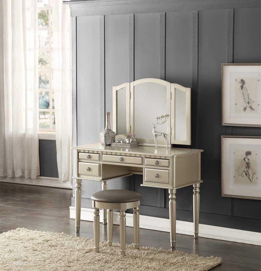 Saltoro Sherpi 3 Piece Adult Elegant Functional 5 Drawers and Stool Table Set Silver