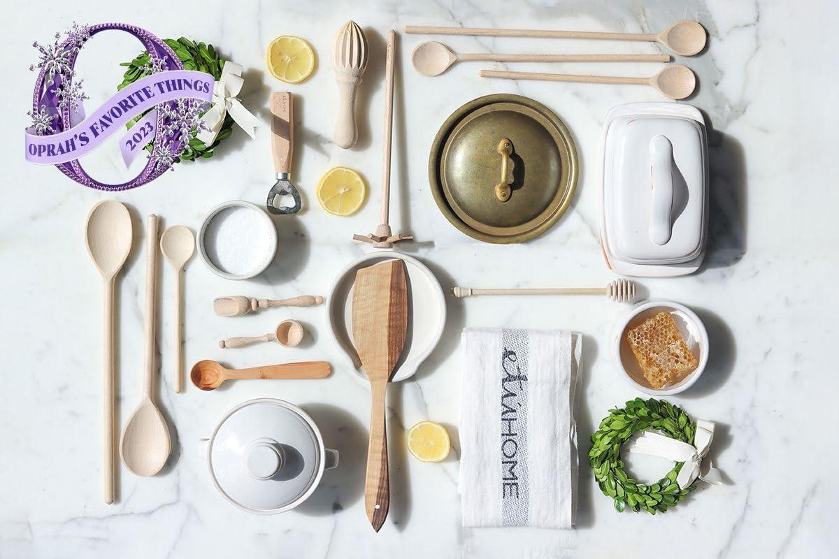 Small White Ceramic Crock with Wooden Utensils Set