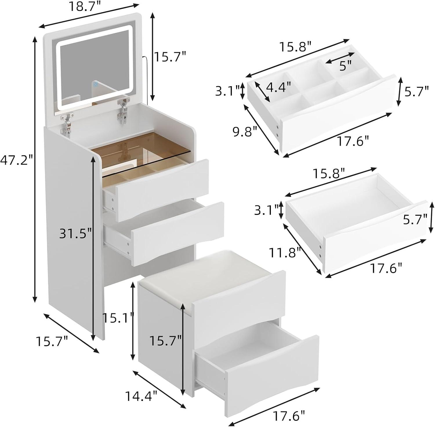 Joqixon Vanity Desk with Flip Top Mirror and Lights, Makeup Vanity Set with Glass Shelf, Space Saving Dressing Table with 3 Drawers & Cushion Stool for Bedroom, White