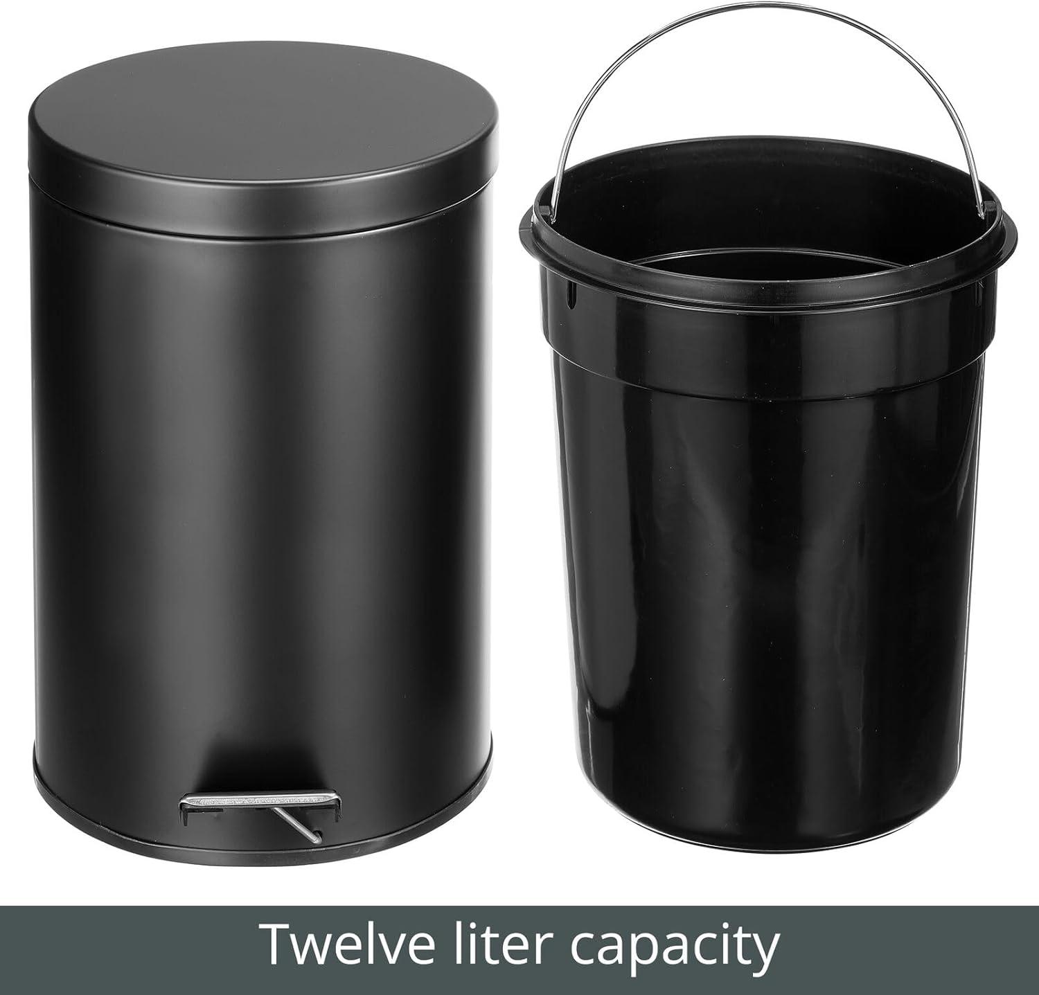 Small Modern Round Lidded Step Trash Can, Compact Garbage Bin with Liner Bucket and Handle for Bathroom, Kitchen, Craft Room, Office, Garage