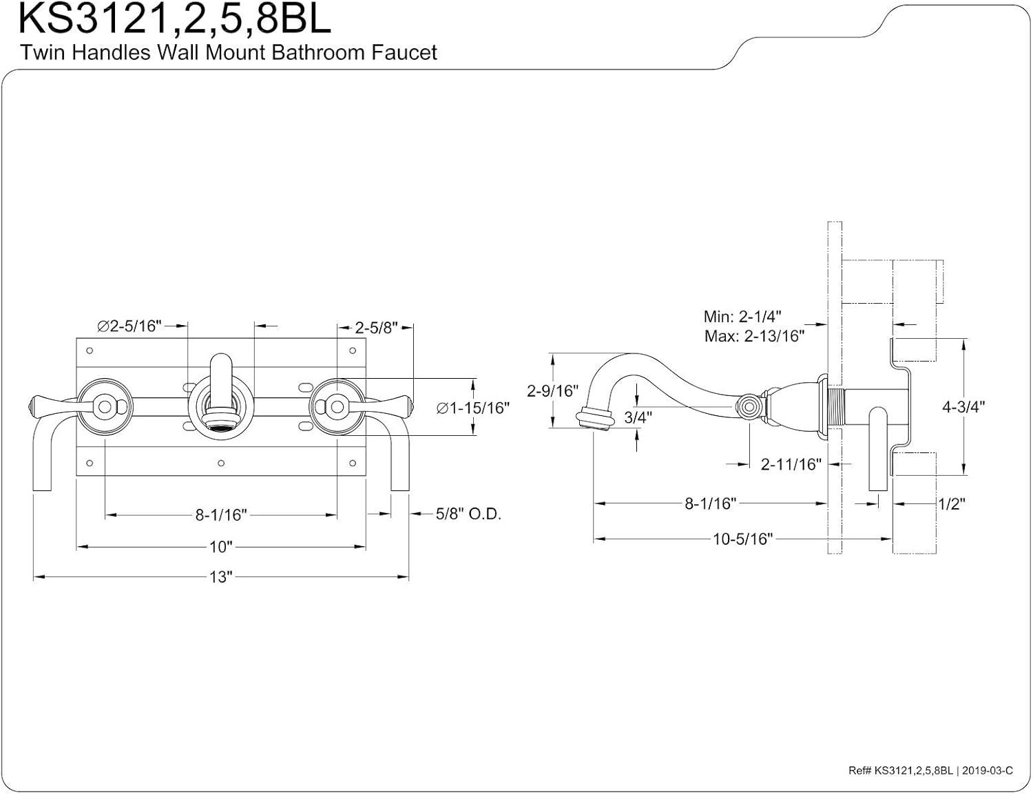 Brushed Nickel Wall Mount Bathroom Faucet with Solid Brass Construction