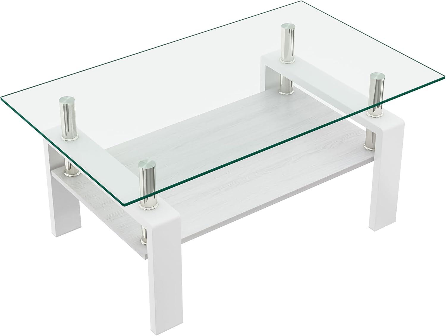 Glass Coffee Table for Living Room, Rectangle Glass Coffee Table with Storage Shelf, Transparent Coffee Tabletop with White Metal Legs for Apartment, Office (Transparent Glass, White)