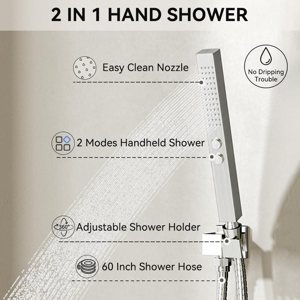 Revitalize 3-Function 12 Inch Wall Mount Rainfall Thermostatic Shower System with 6 Body Jets
