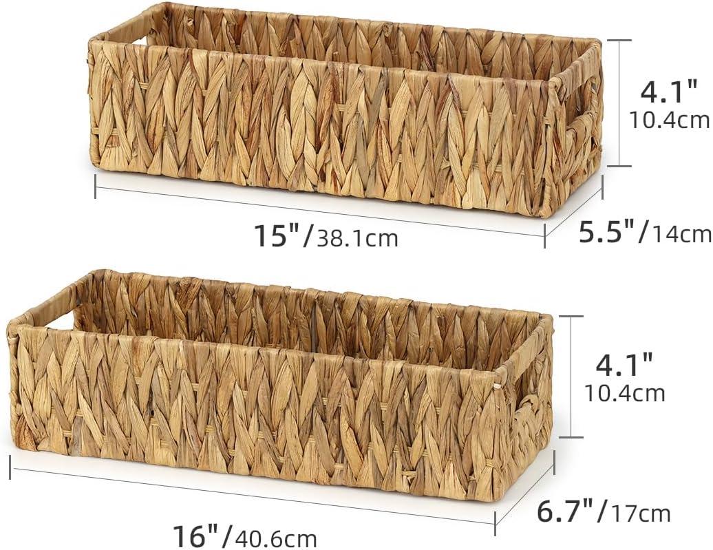 INDSUMOT Set of 2 Bathroom Storage Baskets, Natural - Water Hyacinth, 16" W x 6.75" D x 4.25" H, Woven Toilet Tank Topper Bins for Organizing Tissues, Toilet Paper, Toiletries, Shelves