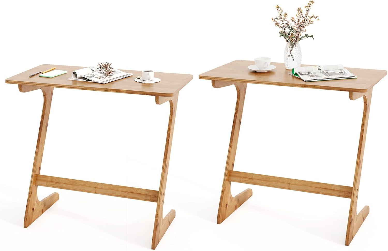 Costway 2 PCS Bamboo Sofa Side Table Z-Shaped Spacious Tabletop Space-Saving TV Snack Tray Natural