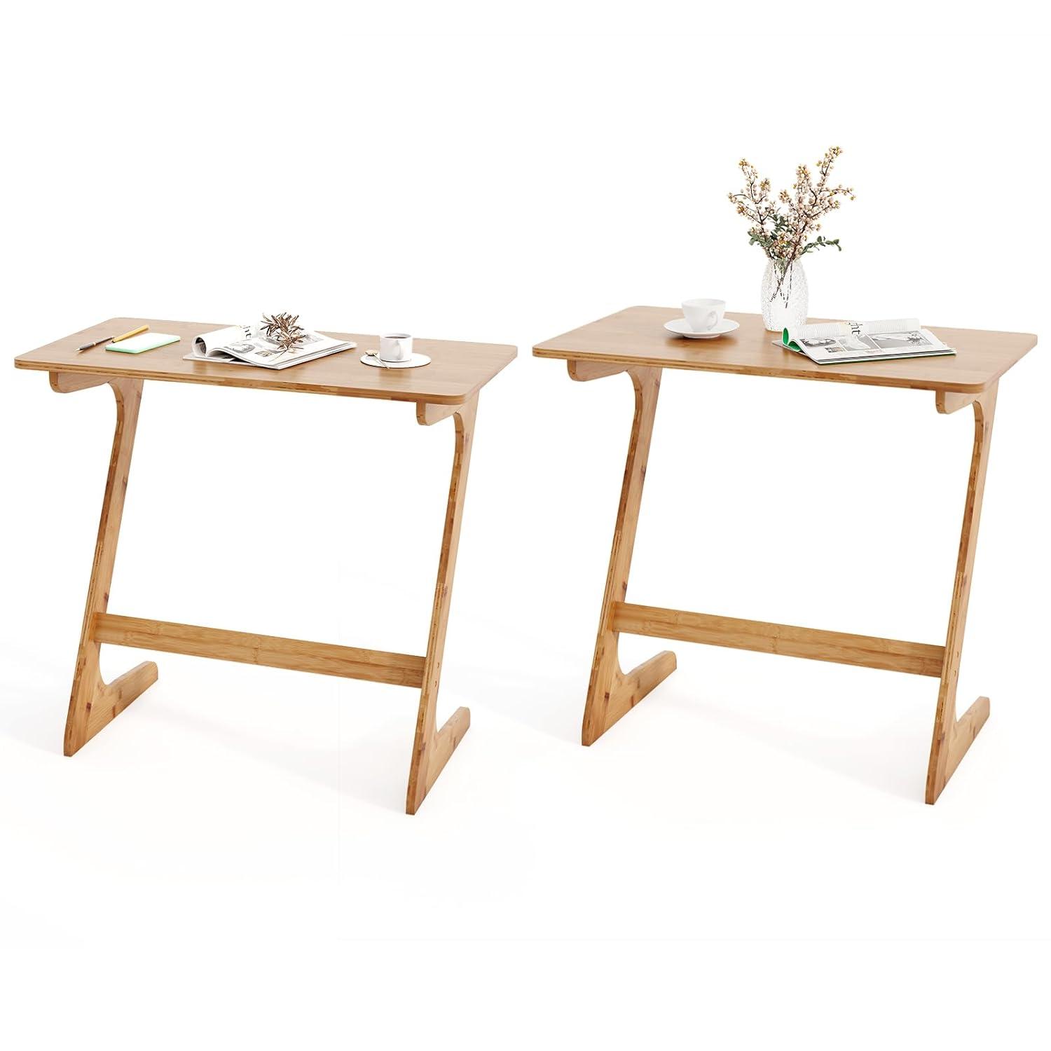 Costway 2 PCS Bamboo Sofa Side Table Z-Shaped Spacious Tabletop Space-Saving TV Snack Tray Natural