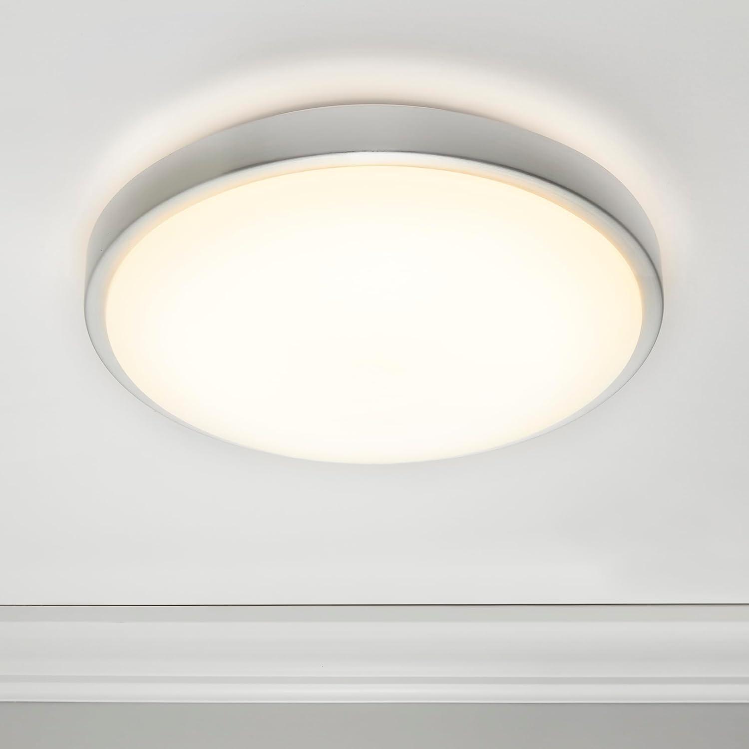 Maxxima 14 in. LED Round Flush Mount Ceiling Light Fixture, Brushed Aluminum Trim, Dimmable, 3000K Warm White, 1600 Lumens