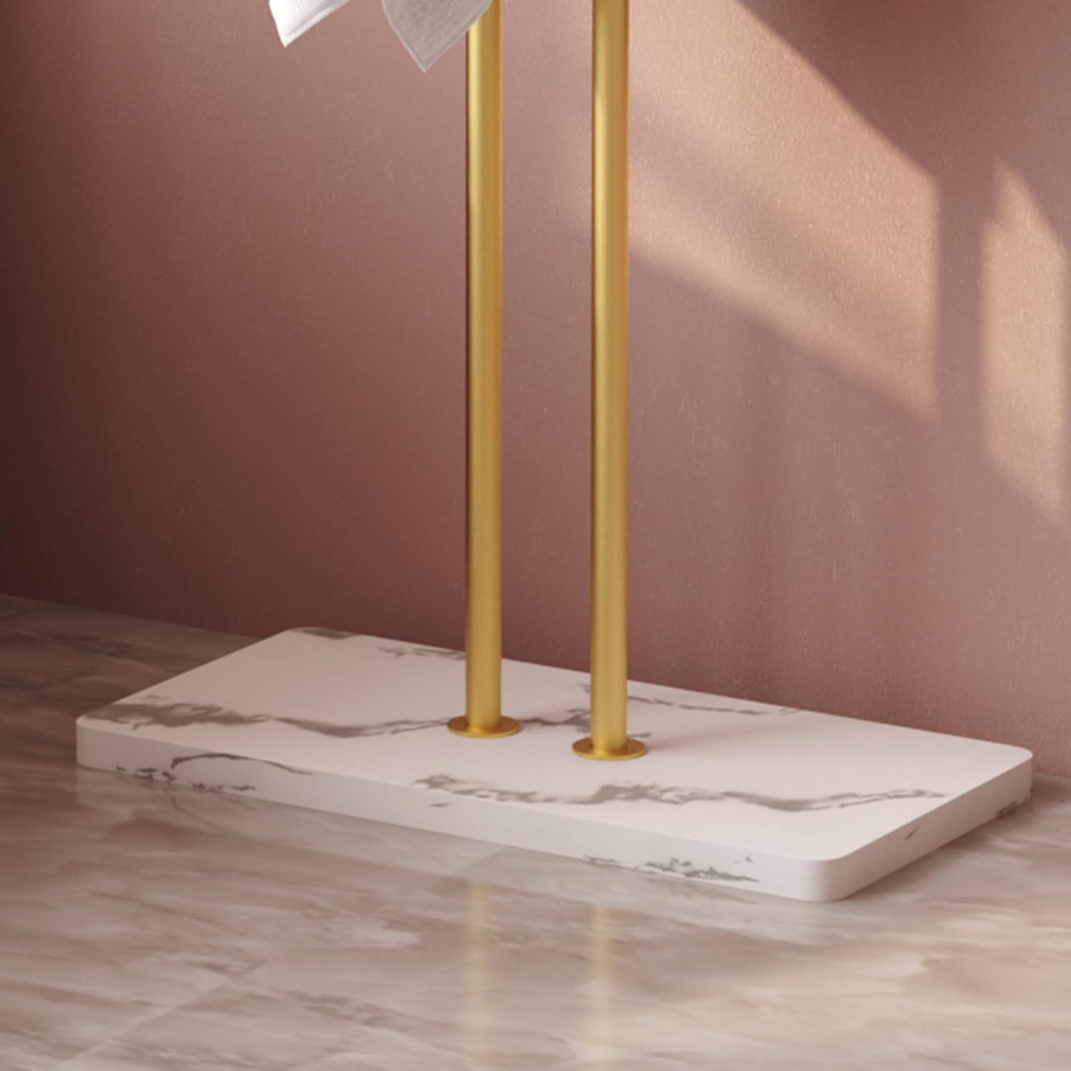 Gold Freestanding Metal Coat Rack with Marble Base and 5 Hooks