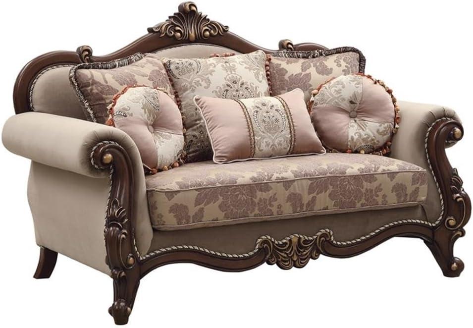 Beige Velvet Floral Rolled Arm Loveseat with Wood Frame