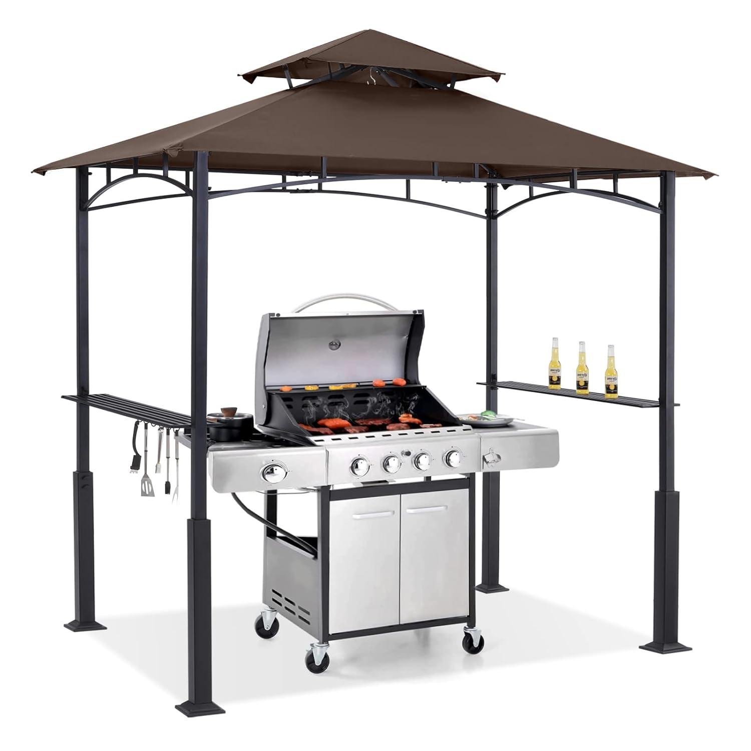 Incbruce 8' X 5' Grill Gazebo Canopy, Outdoor BBQ Gazebo Canopy with Double Tiered Tent Roof Cover & Metal Frame for Patio, Garden, Backyard (Brown)