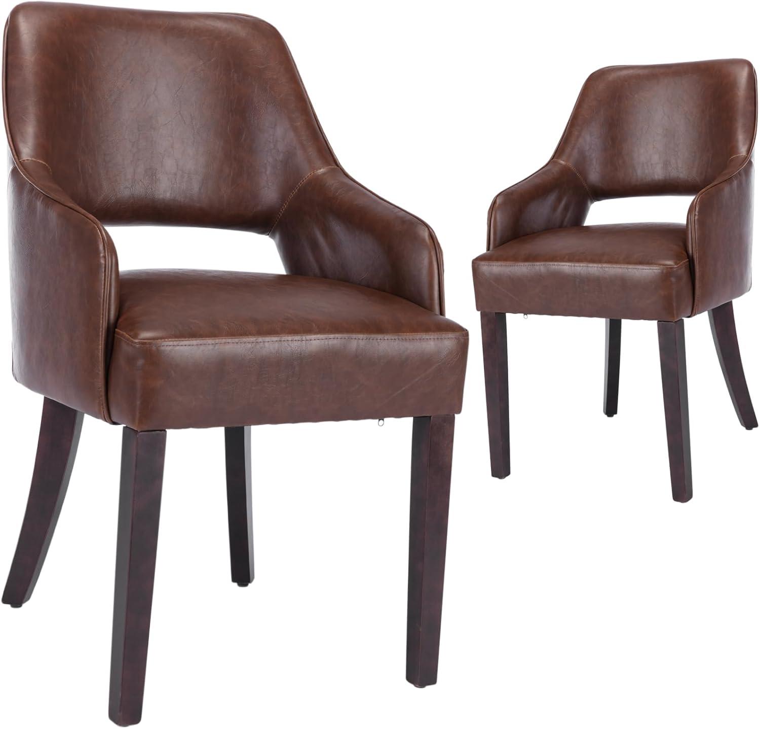 Guyou Modern Dining Chair Set of 2, Faux Leather Upholstered Armchair Accent Side Chair with Open Back and Wooden Legs, Kitchen Chairs for Dining Room Living Room Kitchen Bedroom, Brown