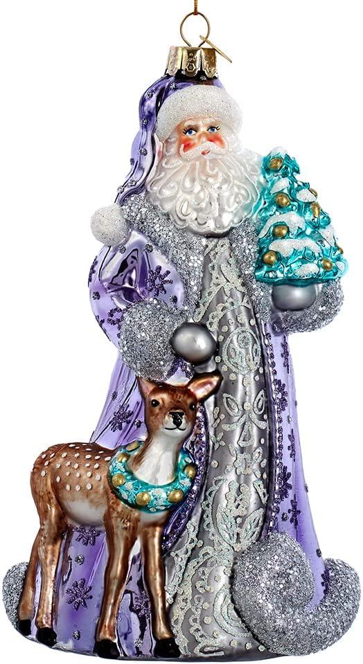 Bellissimo 7-Inch Periwinkle Santa Glass Ornament with Deer