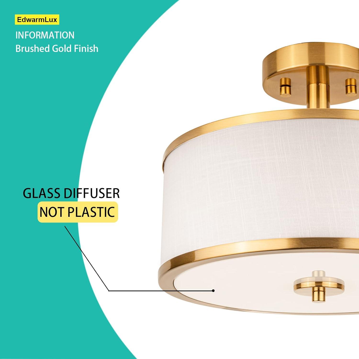 3-Light Semi Flush Mount Ceiling Light Fixture, 12.6" Gold Drum Light with White Fabric Shade, Modern Close to Ceiling Light for Living Room Bedroom Dining Room Kitchen Hallway Entry Foyer