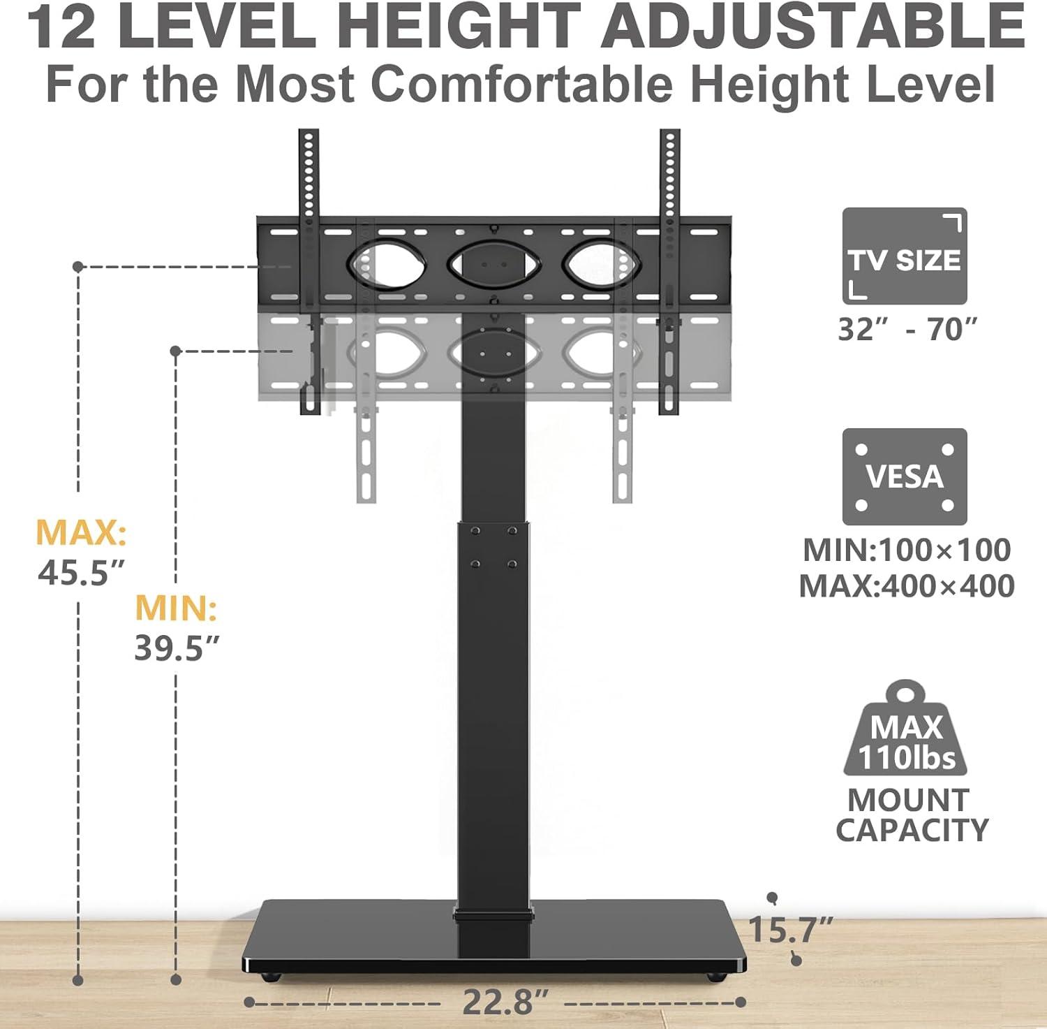 TAVR Universal Floor TV Stand Base for 32-75 Inch TVs up to 110 Lbs with Swivel Height Adjustable Mount, Black Tempered Glass Base for Media Storage and Space Saving