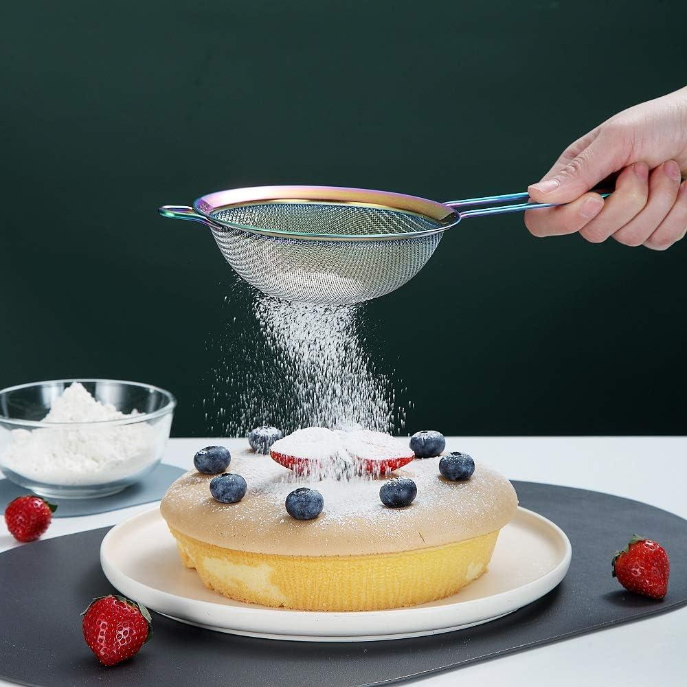 ReaNea Fine Mesh Strainer, Flour Sifter for Baking, Stainless Steel Colander, Tea Strainer Set of 3 (Rainbow)