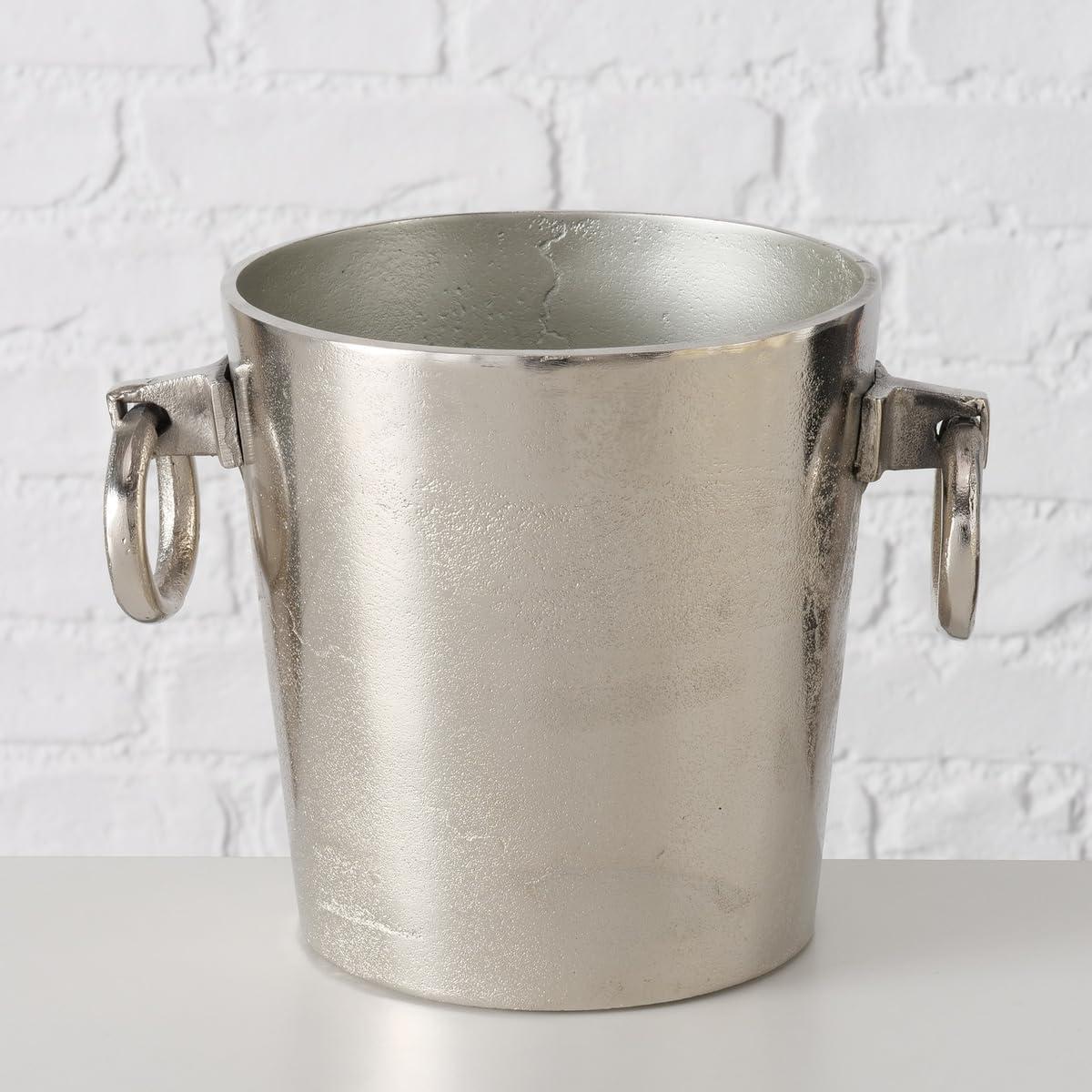 Luxury Champagne Ice Bucket, Elegant Script Text Details, Hand Cast, Silver Aluminum, 18.5 inches
