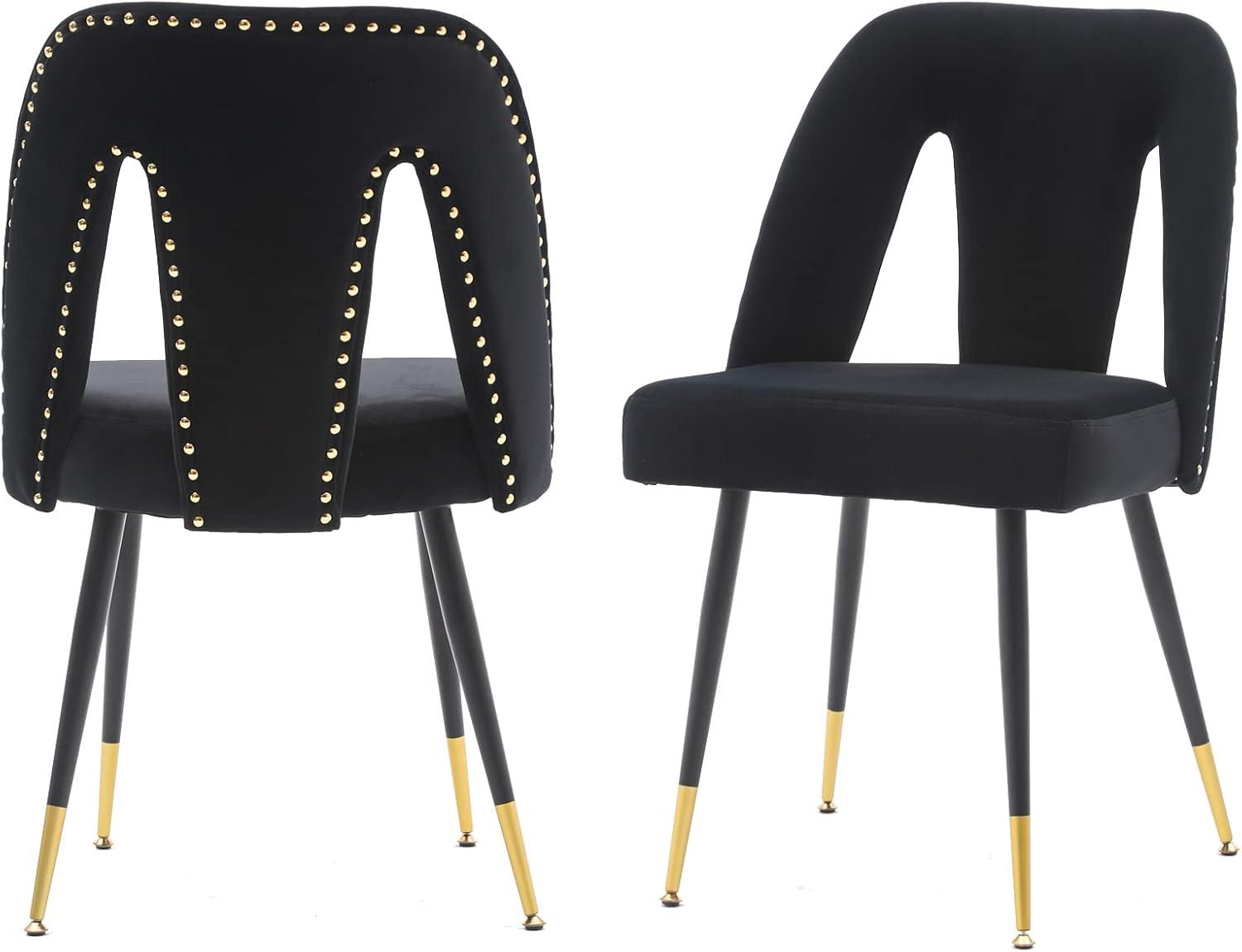 Aoowow Modern Dining Chairs Set of 2, Velvet Upholstered Side Chairs with Nailheads and Gold Tipped Black Metal Legs (Black)