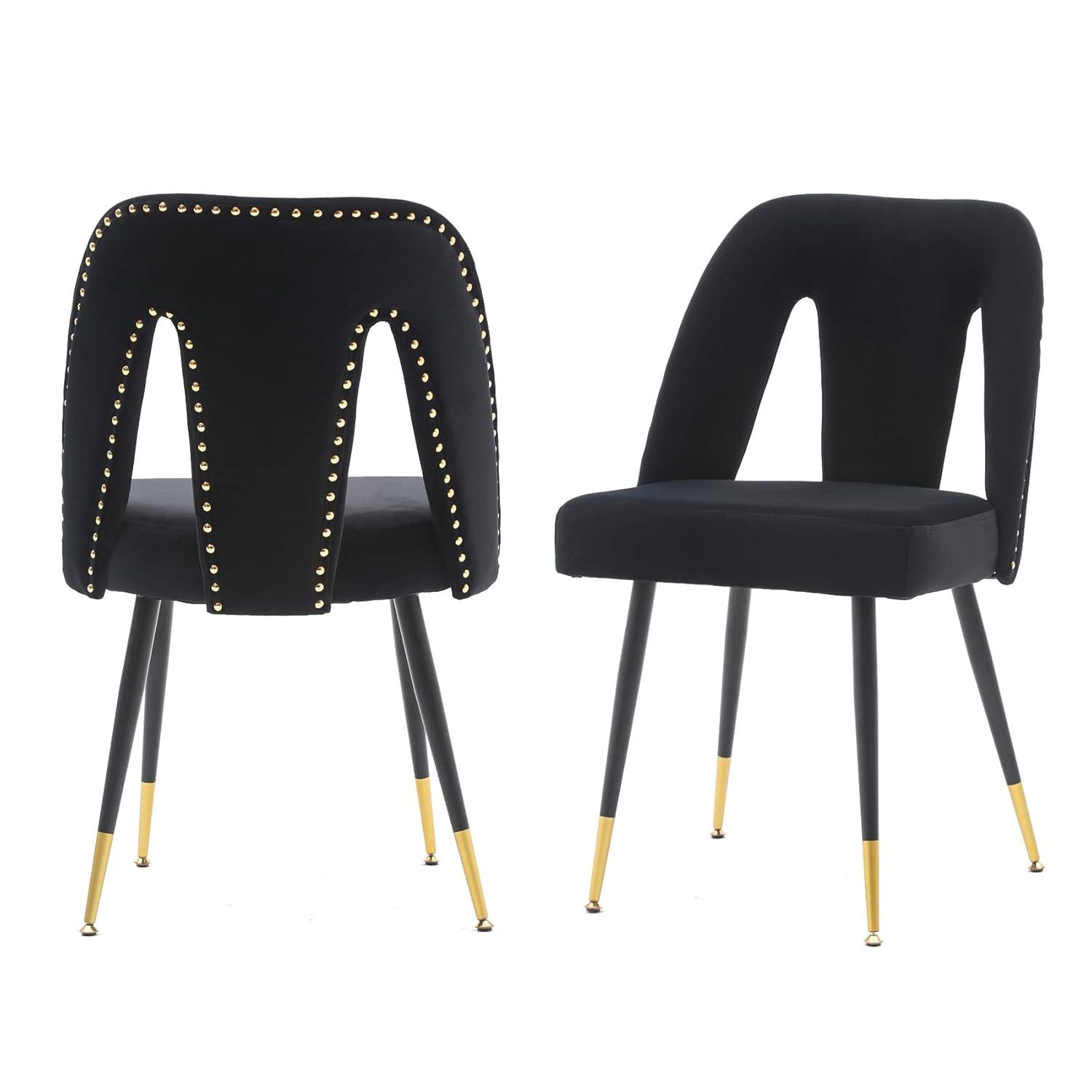 Aoowow Modern Dining Chairs Set of 2, Velvet Upholstered Side Chairs with Nailheads and Gold Tipped Black Metal Legs (Black)