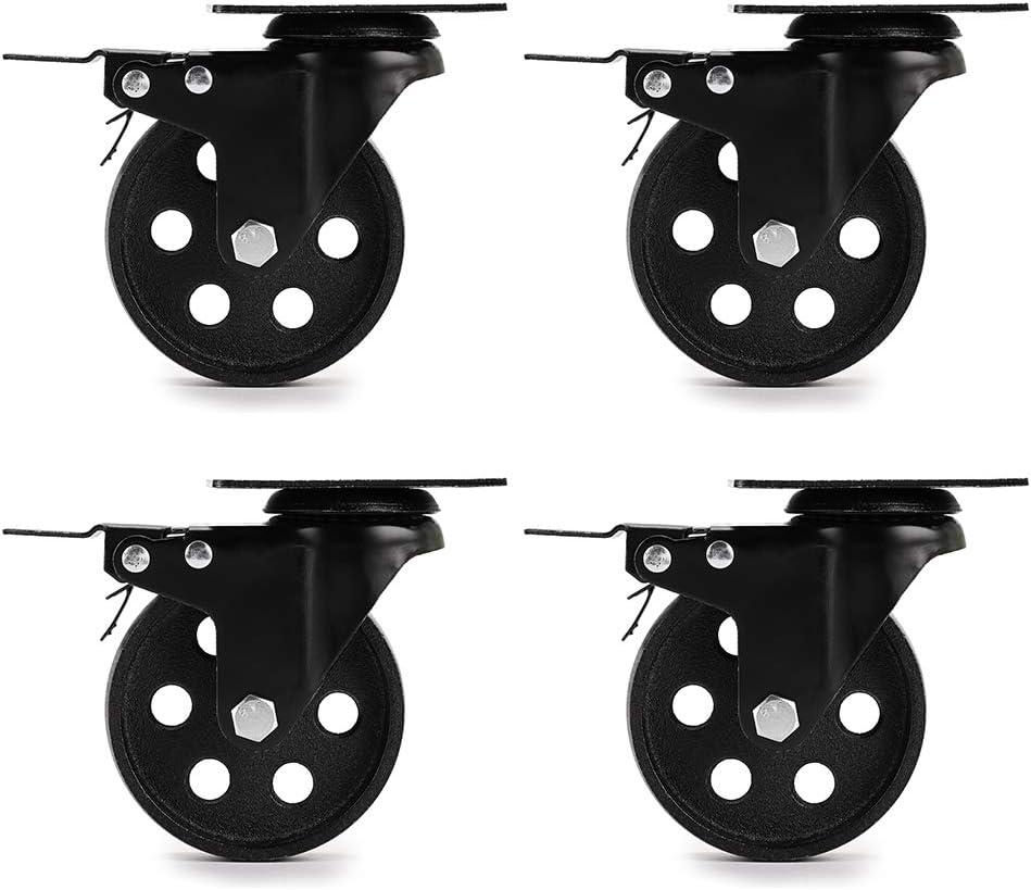 Skelang 3” Plate Caster Wheel, Cast Iron Swivel Plate Casters with Dual Locking for Vintage TV Stand, Coffee Table, Welding Cart, Total Load Capacity 1080Lbs, Pack of 4