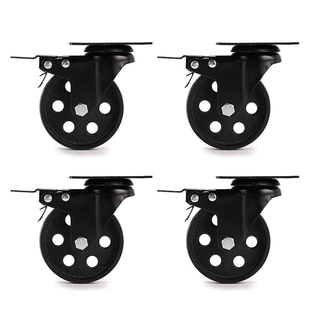 Skelang 3” Plate Caster Wheel, Cast Iron Swivel Plate Casters with Dual Locking for Vintage TV Stand, Coffee Table, Welding Cart, Total Load Capacity 1080Lbs, Pack of 4