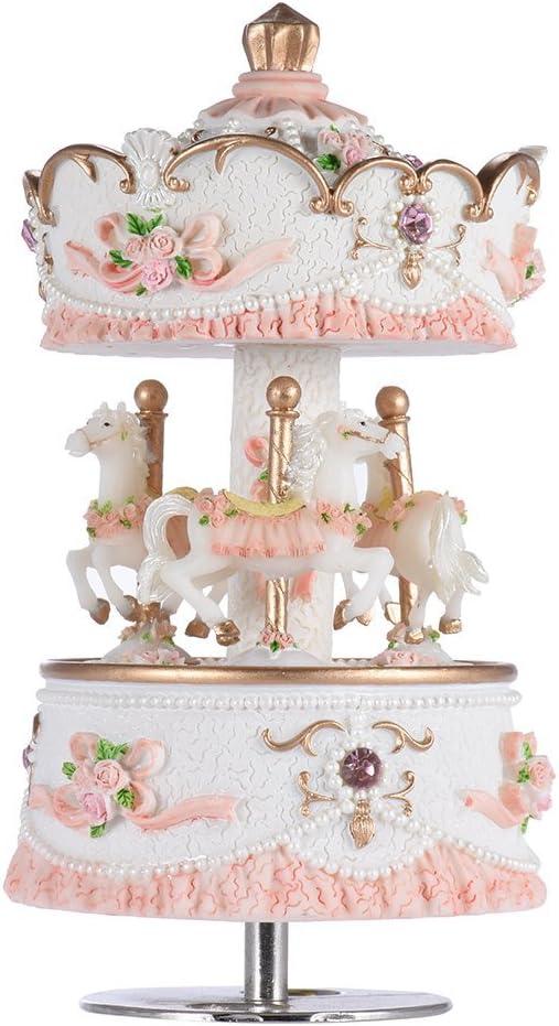 Pink Resin Carousel Music Box with LED Lights and Rhinestones