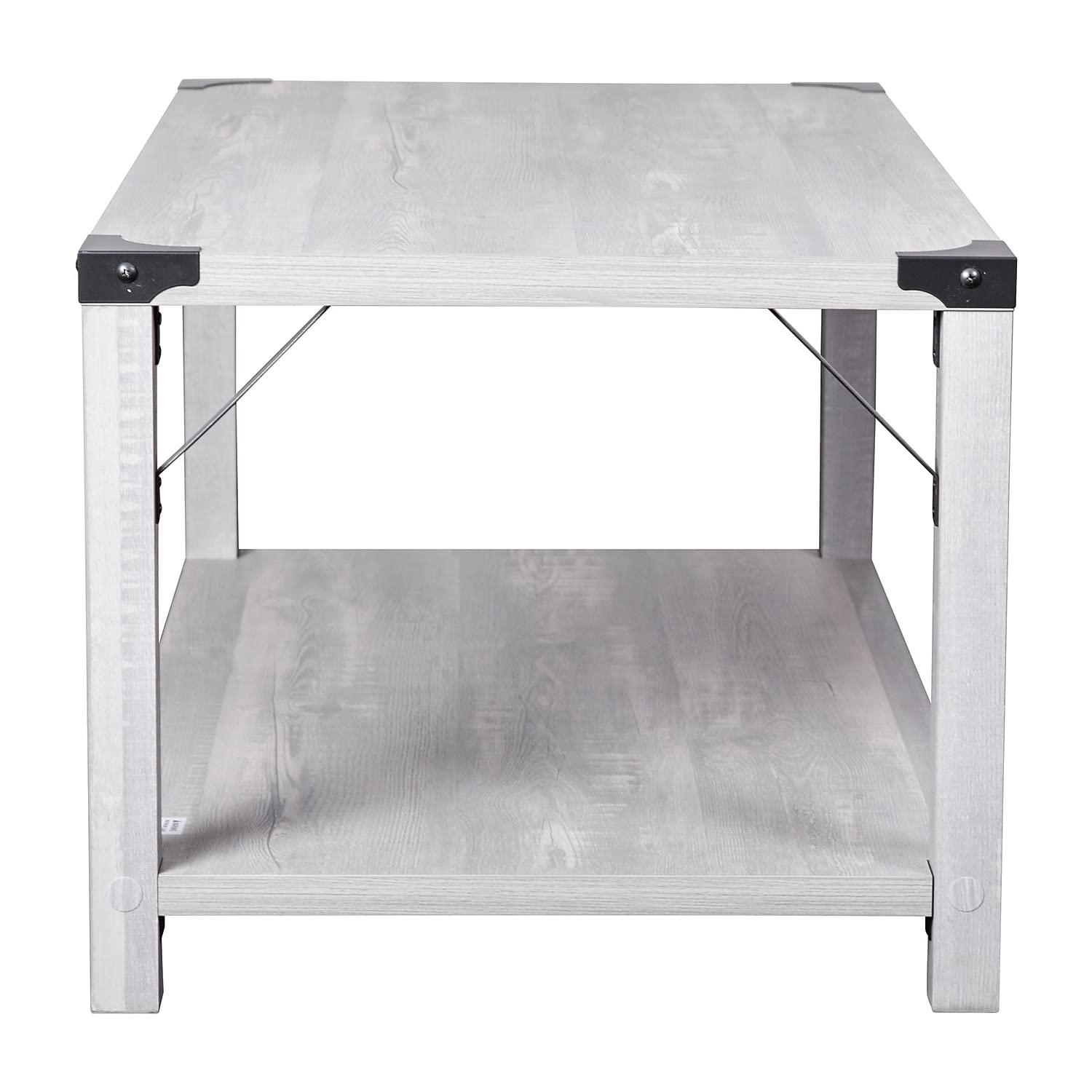 Flash Furniture Wyatt Modern Farmhouse Wooden 2 Tier Coffee Table with Black Metal Corner Accents and Cross Bracing, Aspen Gray