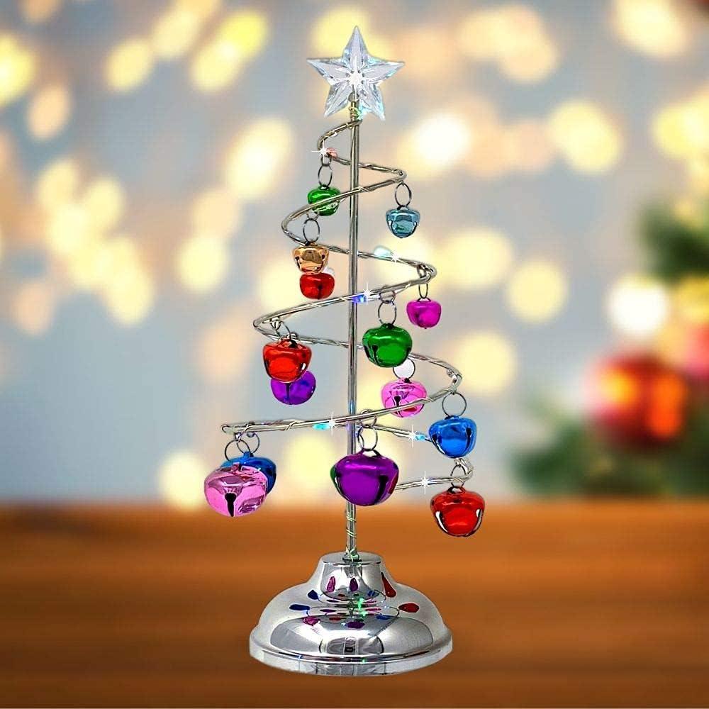 Lighted Tabletop Spiral Silver Christmas Tree - Multicolor Jingle Bells & Lights - Battery Operated - Home Xmas Décor - Approximately 10.25" Tall