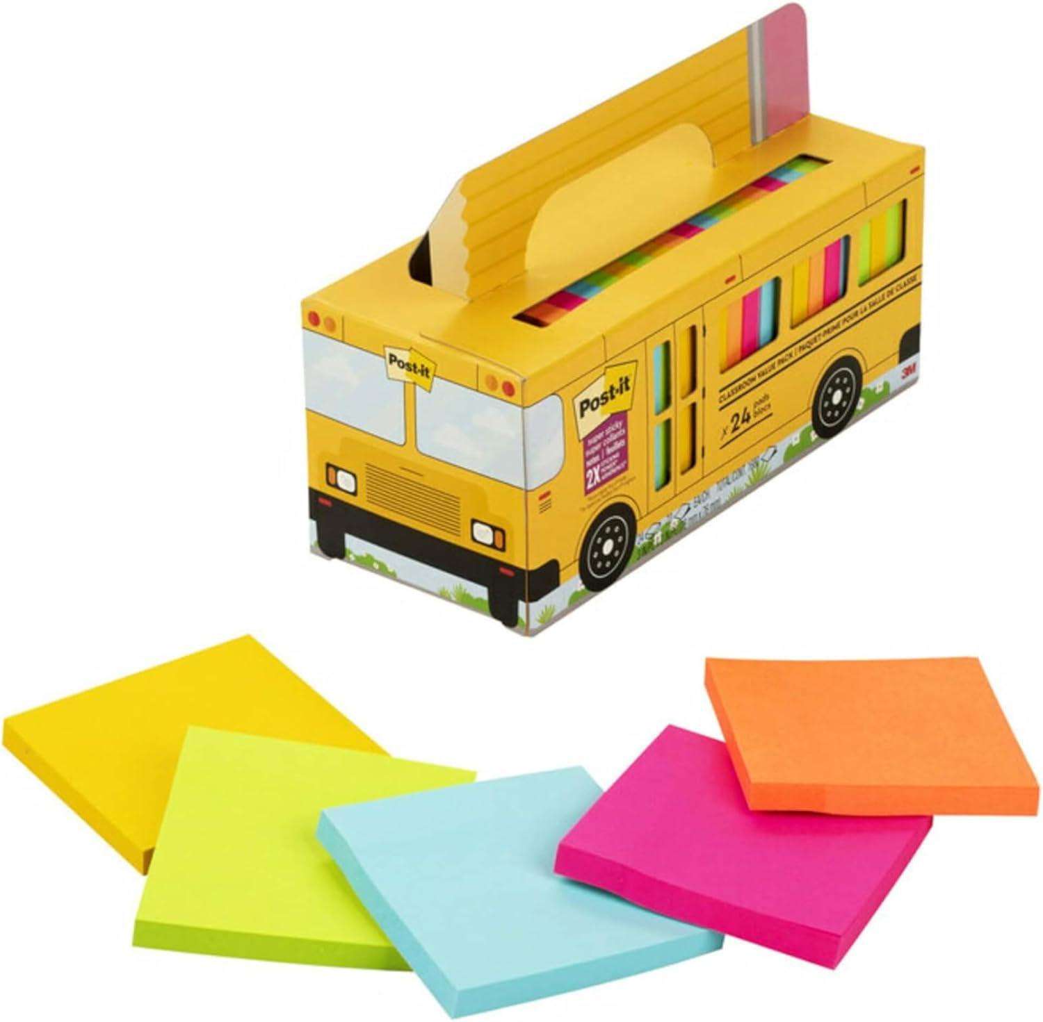 Post-it Super Sticky Notes Bus Pack, 3 x 3 Inches, Assorted, Pack of 24