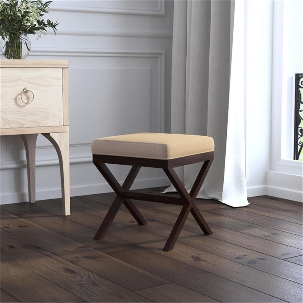 Espresso Wood and Beige Upholstered Backless Vanity Stool