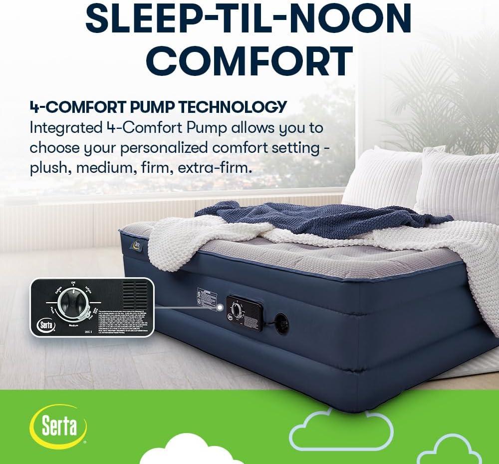 Queen Blue and Gray Raised Air Mattress with Built-in Pump