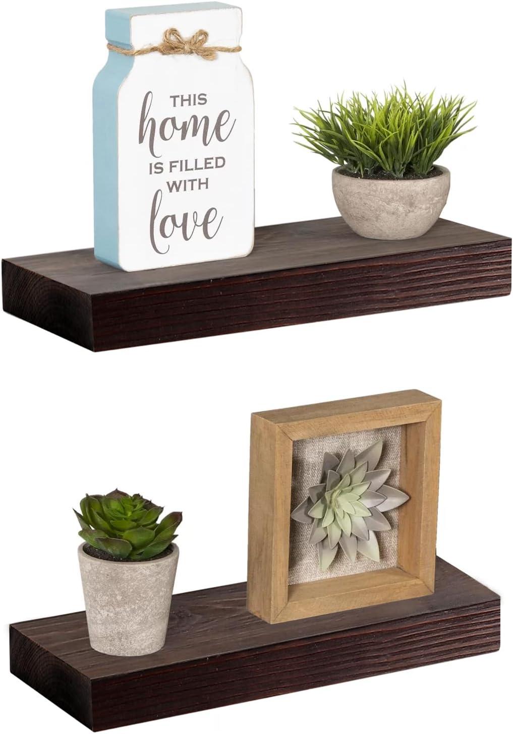 WELLAND Bradley Handmade Wood Floating Shelves Rustic Wall-Mounted Shelves, Set of 2, Walnut Finish