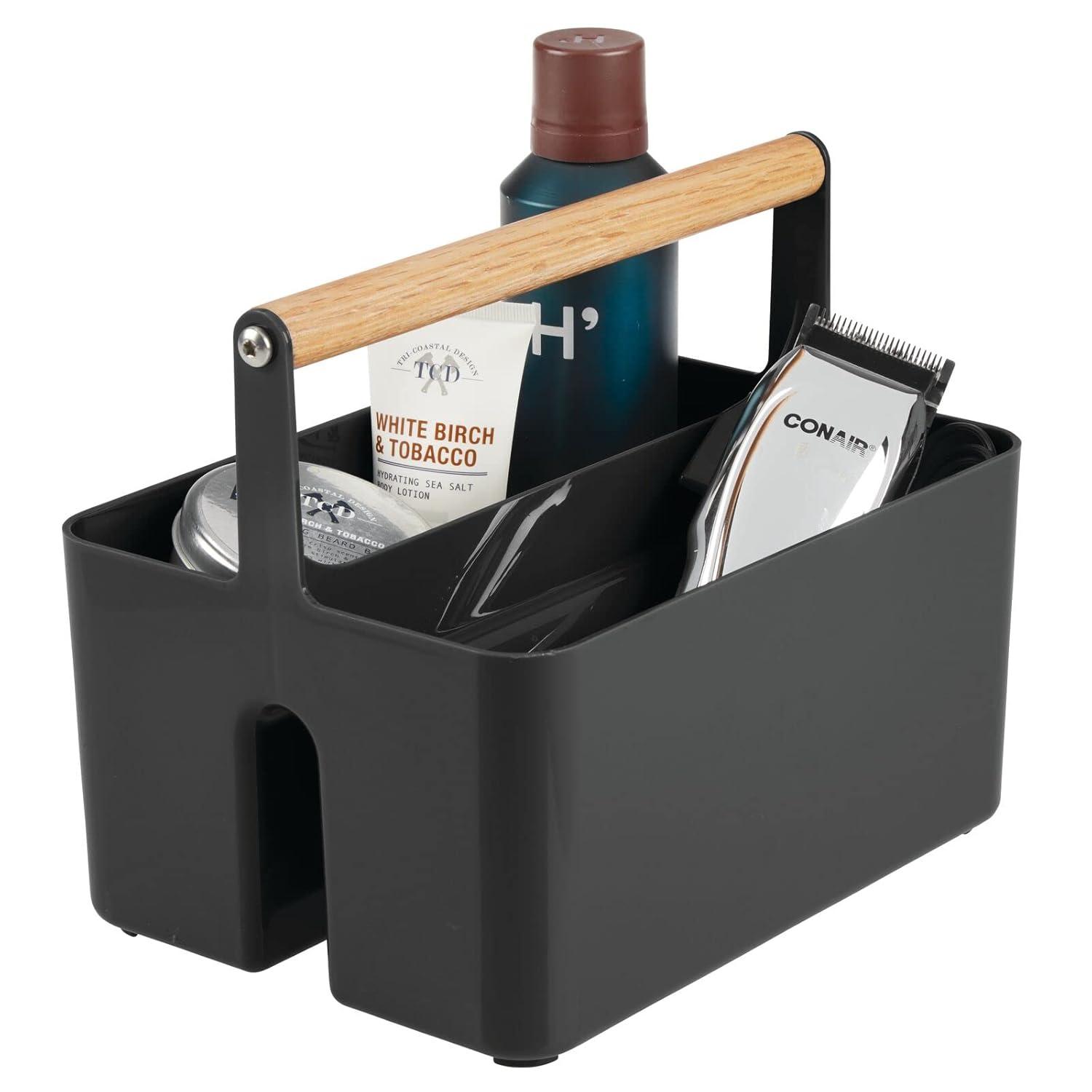 mDesign Plastic Portable Shower Caddy Divided Basket Bin Storage Organizer with Bamboo Handle for Bathroom, Dorm, Shelf & Cabinet Holds Shampoo, Conditioner - Aura Collection, Black/Natural