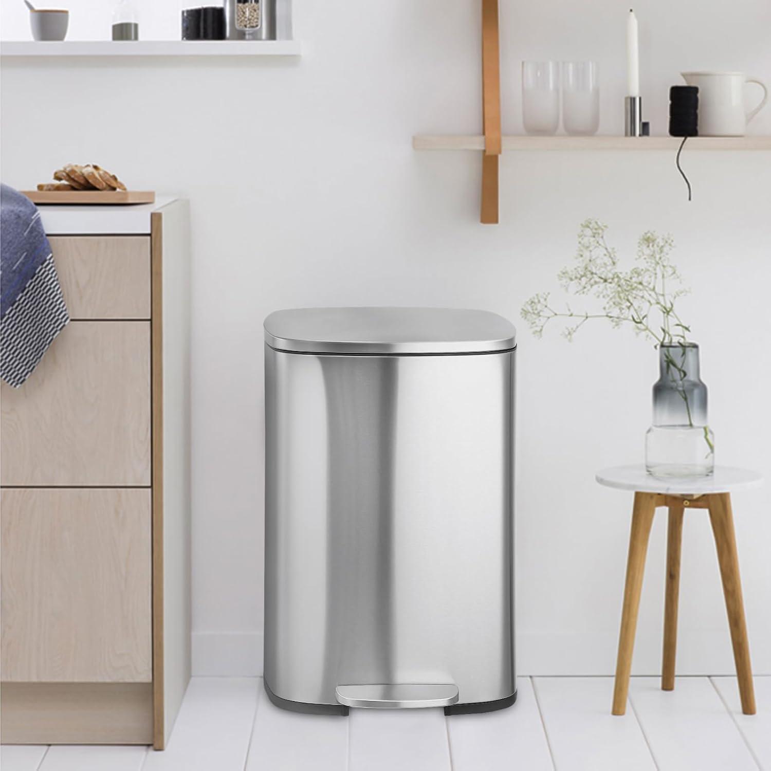 13 Gallon Tall Kitchen Garbage Can, Stainless Steel Trash Bin with Soft-Close Lid, Step Pedal, Oval Shape, Fingerprint-Resistant, Removable Inner Bucket