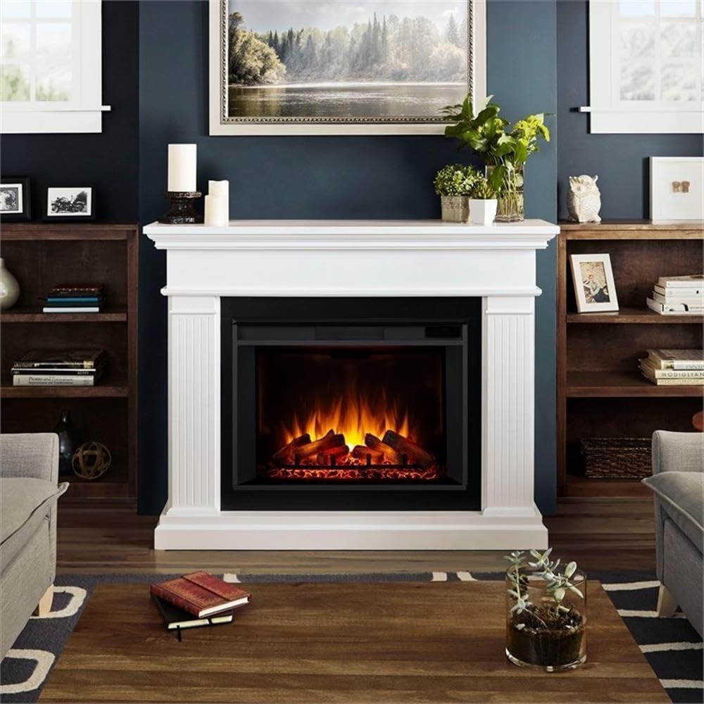 White 55.5" Wooden Electric Fireplace with Adjustable LED Flame