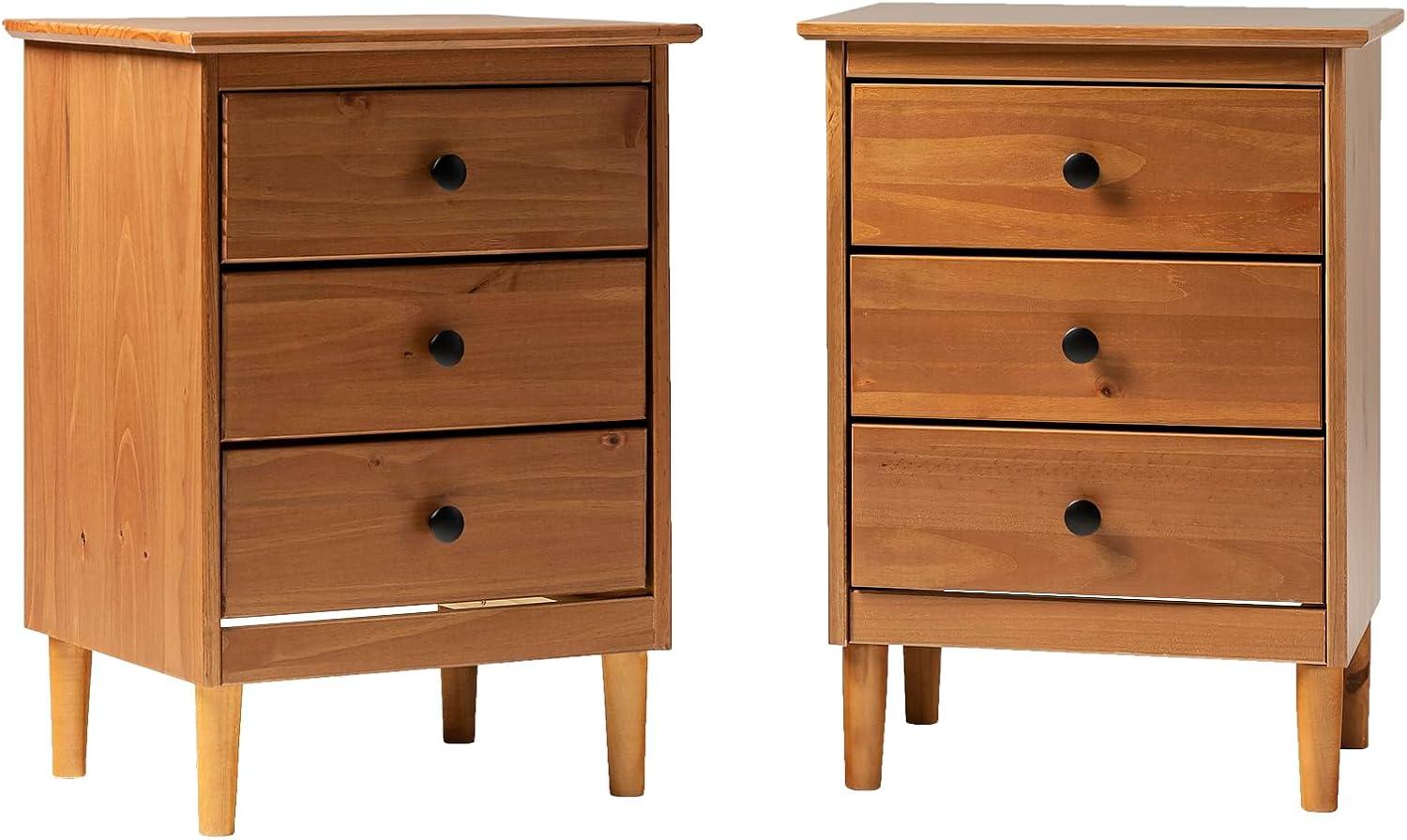 Mid-Century Solid Wood 3-Drawer Bedroom Nightstand in Caramel (Set of 2)